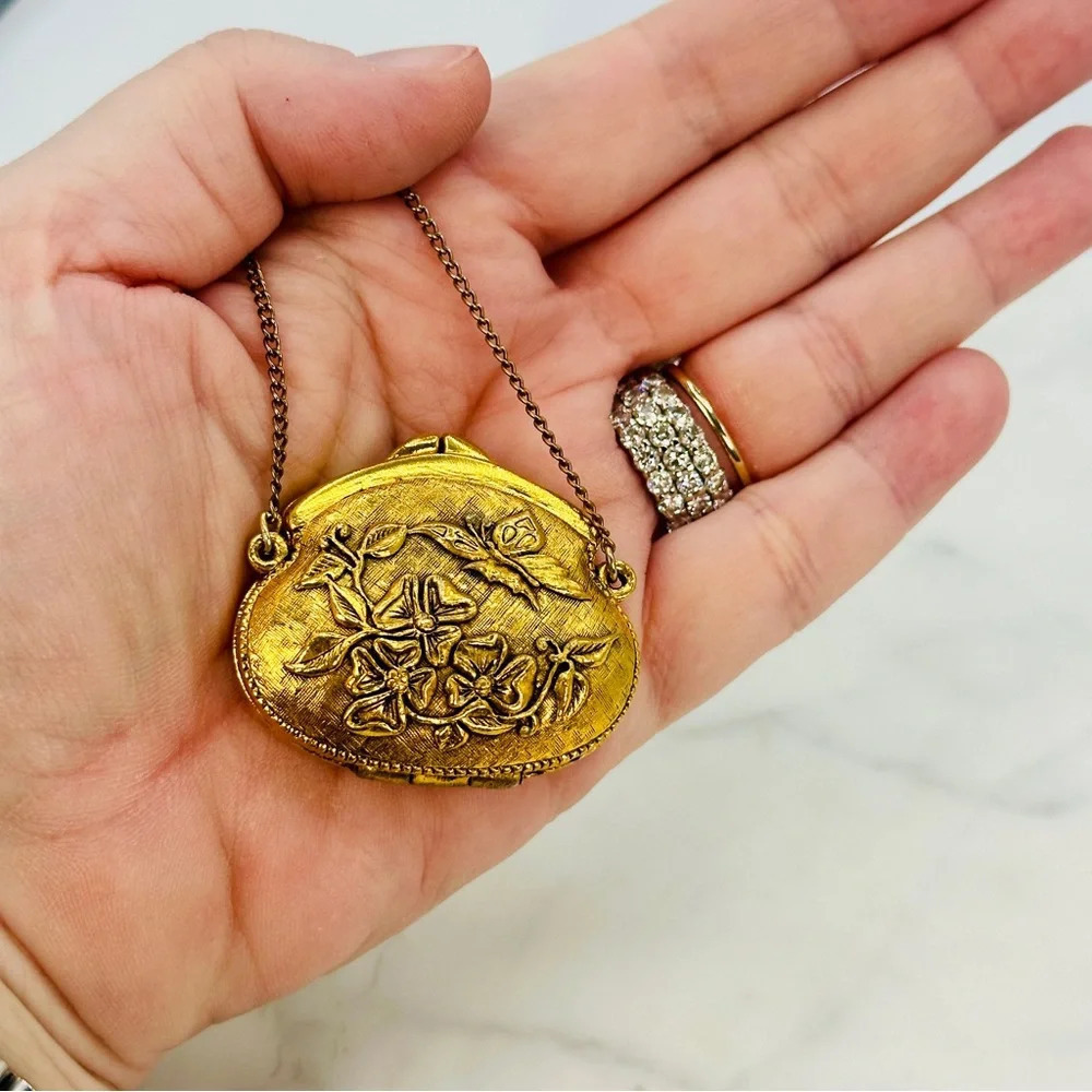 Vintage Corday Perfume Purse Necklace Butterfly Gold Tone Signed 24” Chain